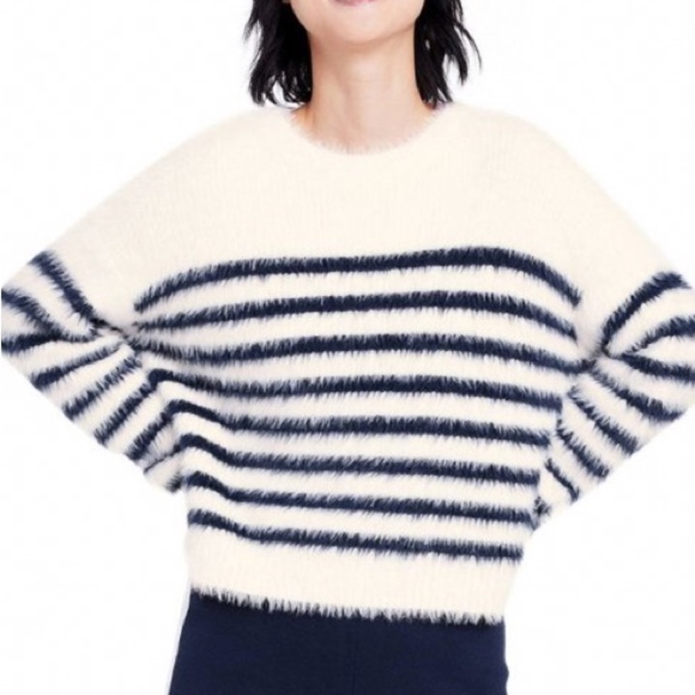 La Ligne x Target Women's Cream/Navy Fuzzy Yarn Striped Crewneck Sweater